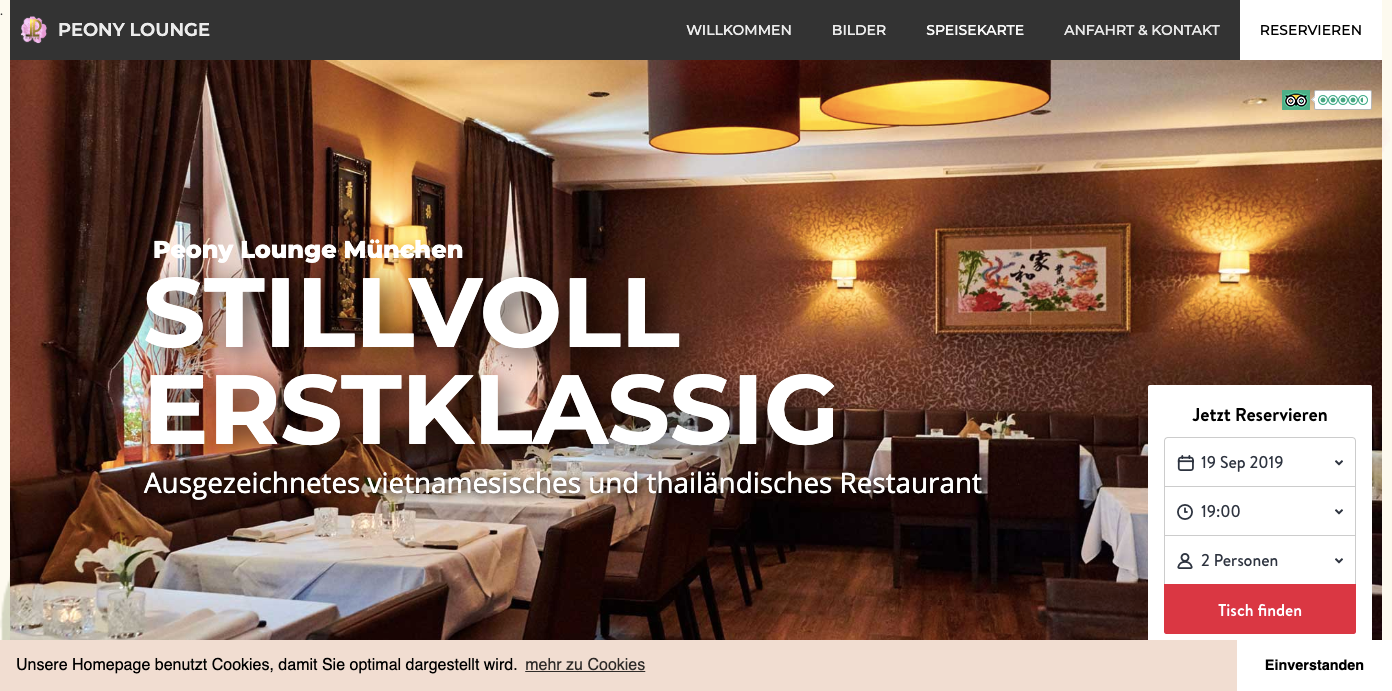 Peony Lounge restaurant homepage.