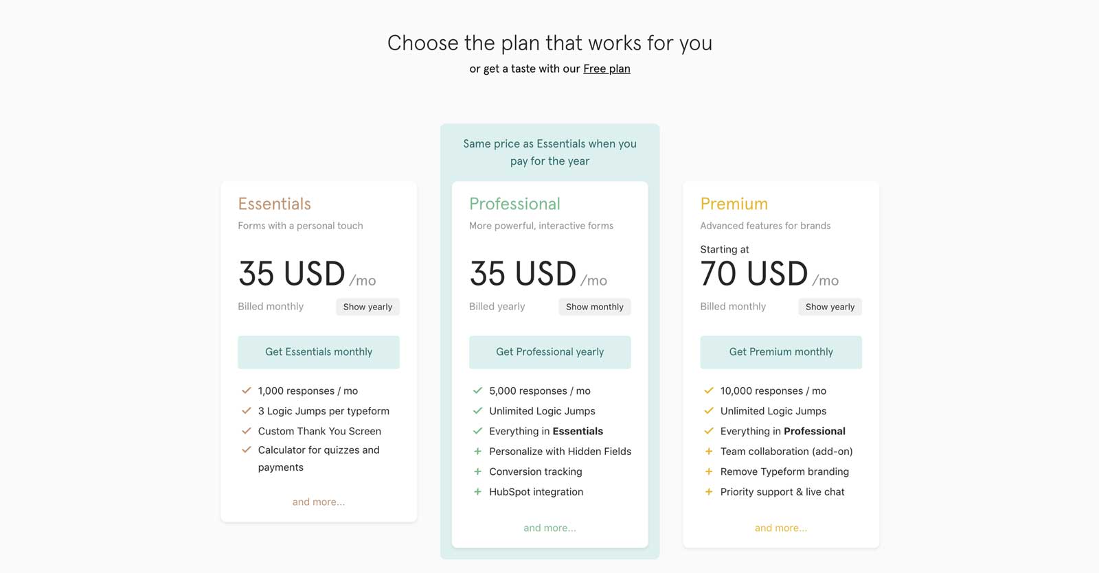 typeform pricing page
