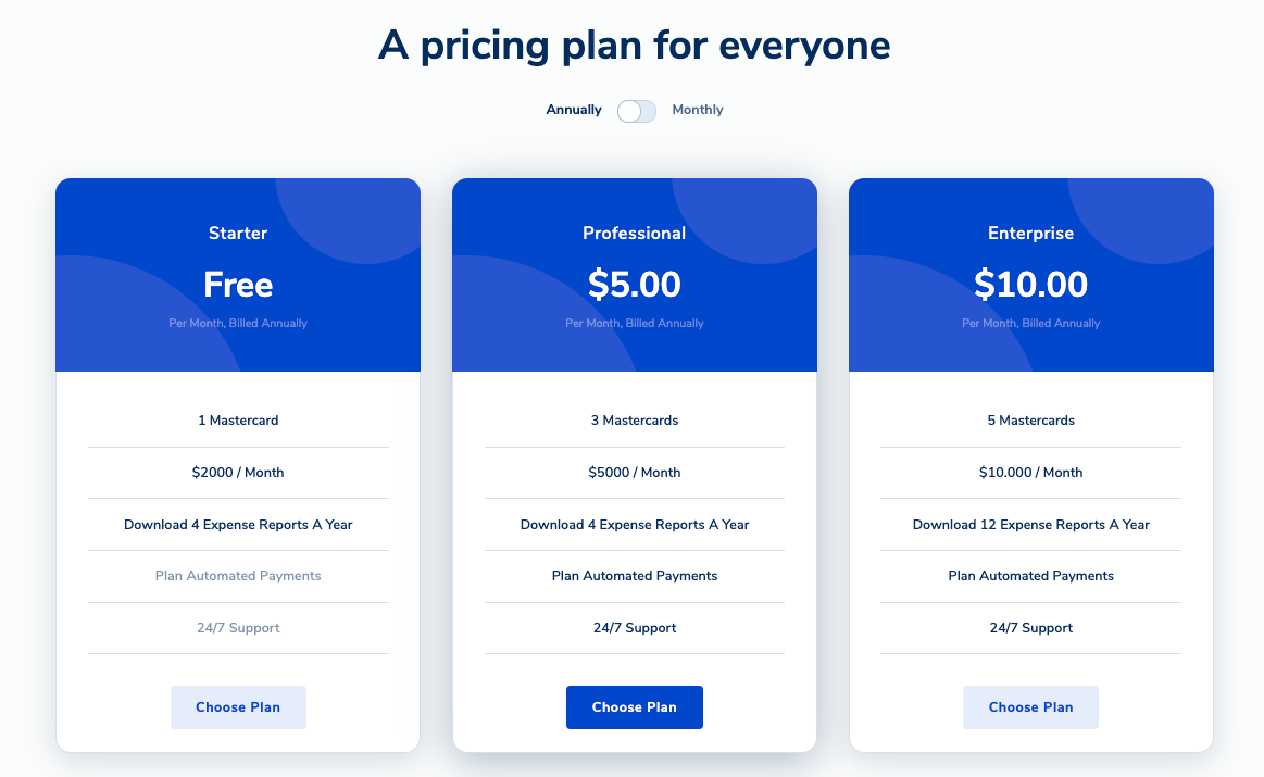 finapp template pricing section