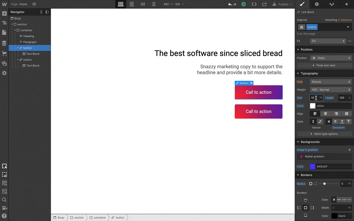 editing styles in Webflow