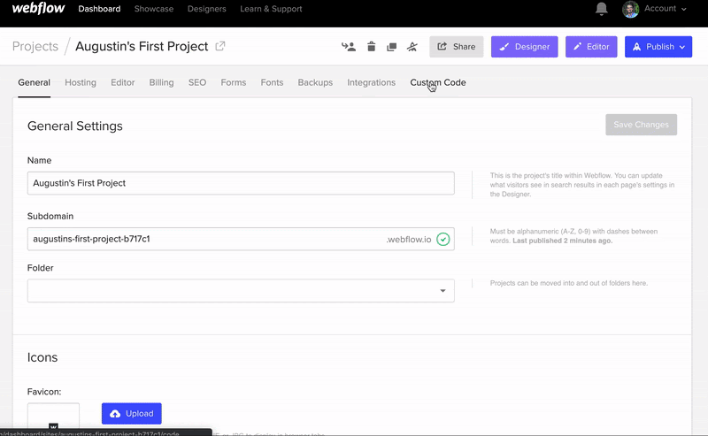 adding custom code to webflow project