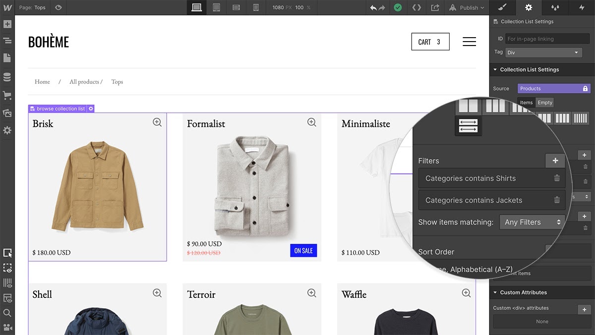 webflow ecommerce product filtering