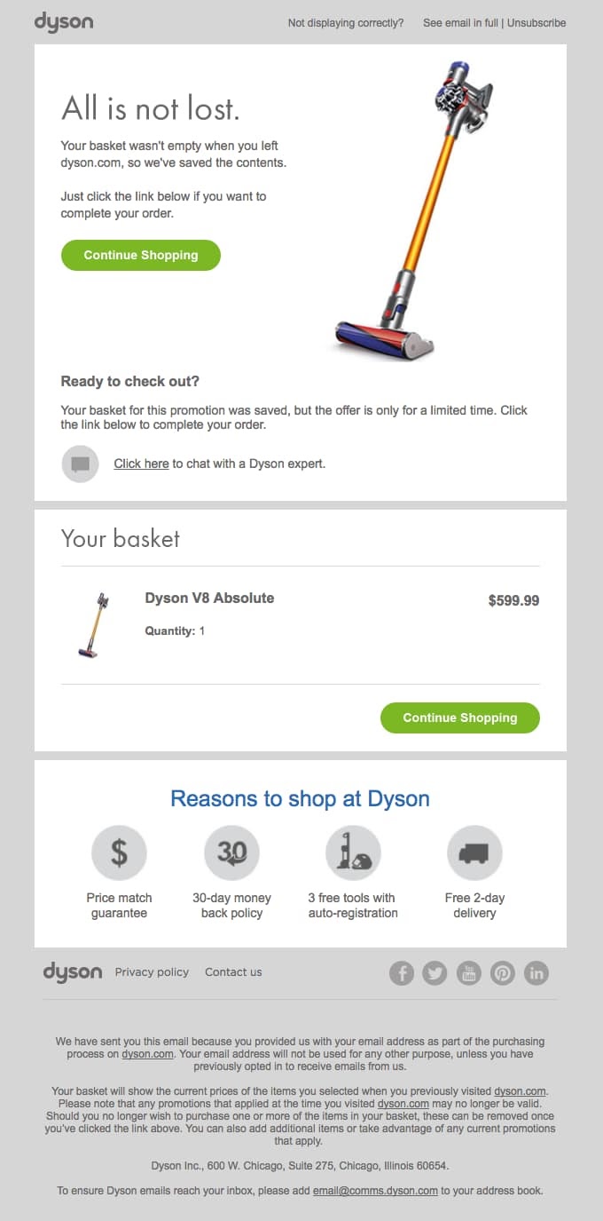 dyson abandoned cart email