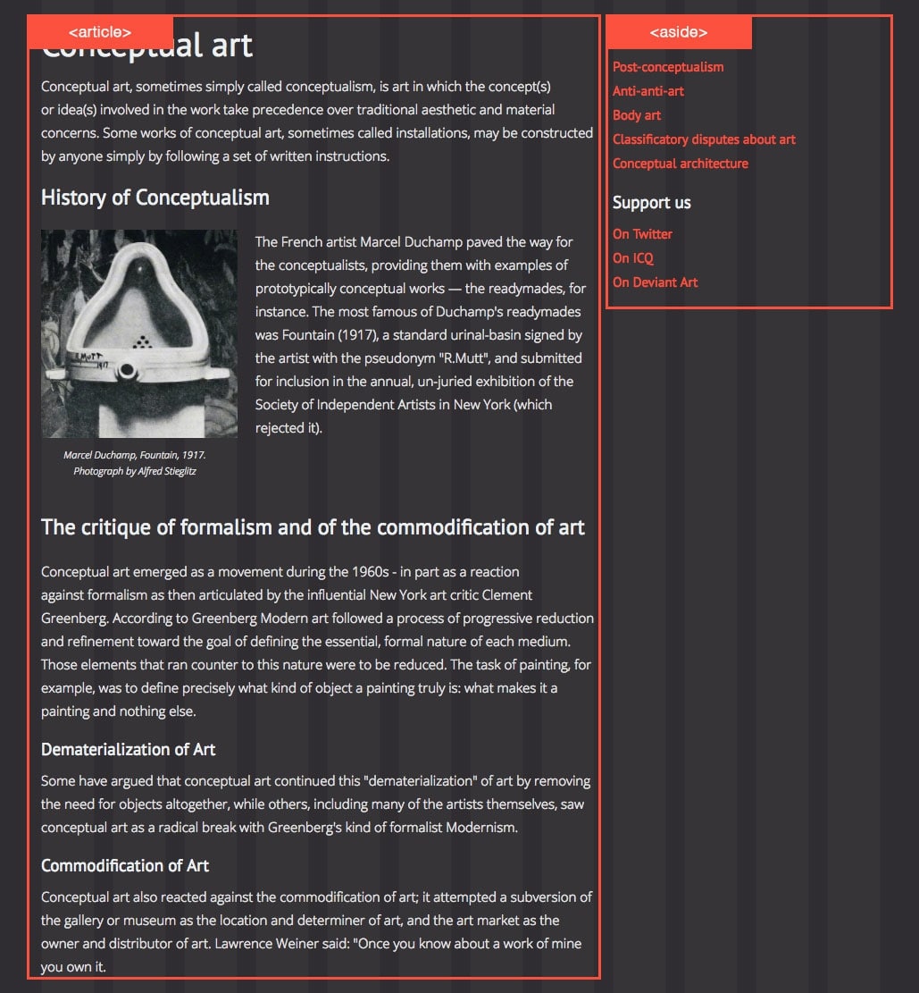 A content page with <article> and <aside> elements