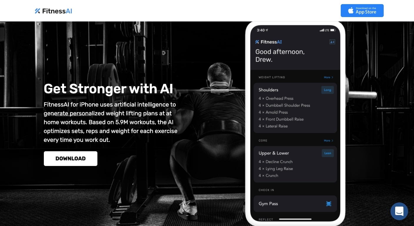 fitness ai's landing page