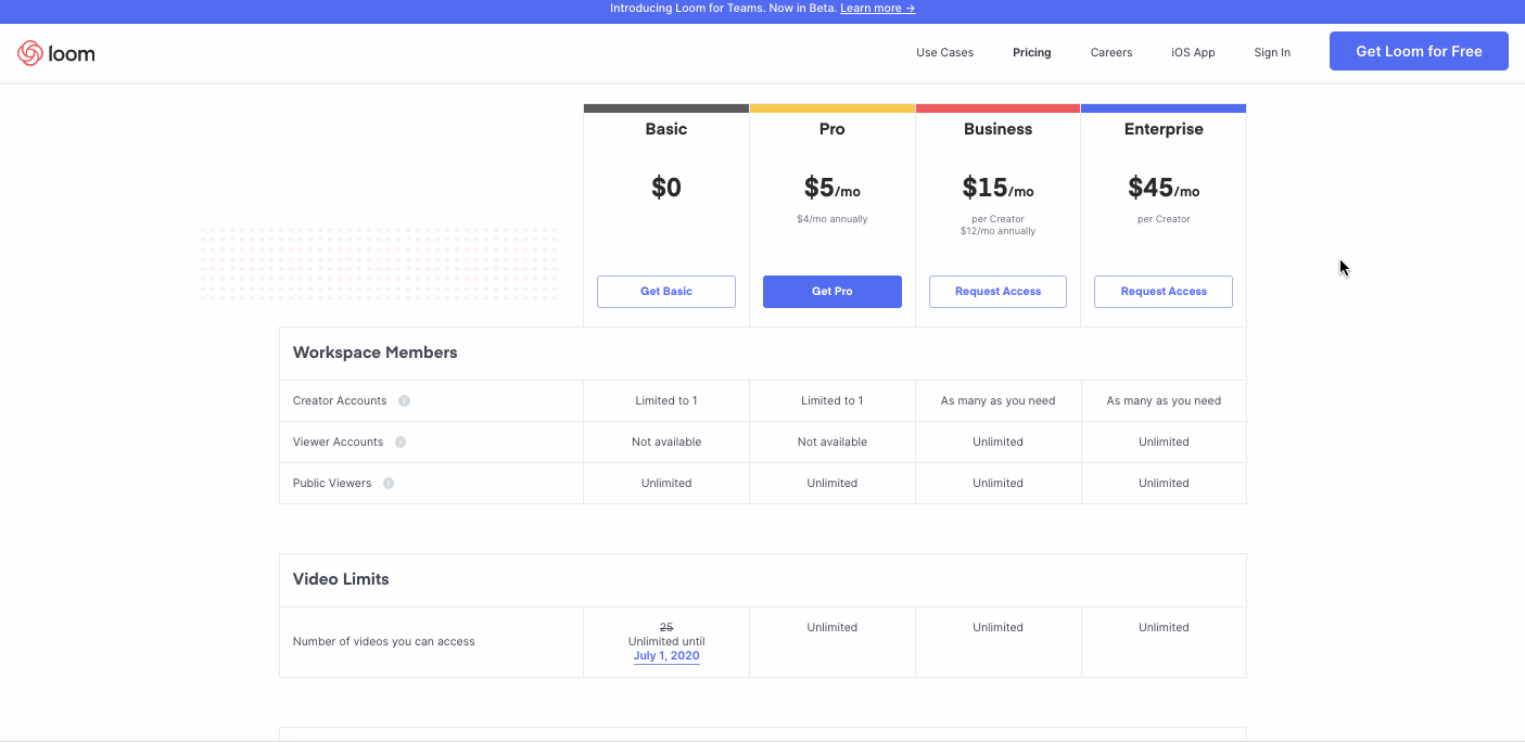 loom pricing page gif