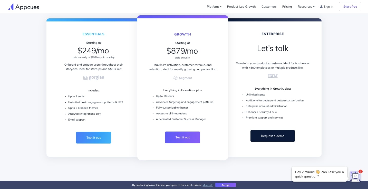 appcues pricing page