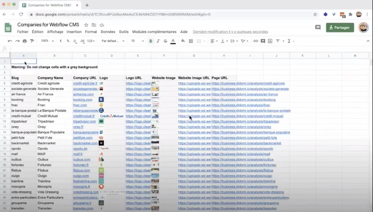 Dynamic spreadsheet for landing pages