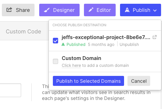 publish webflow website in product settings
