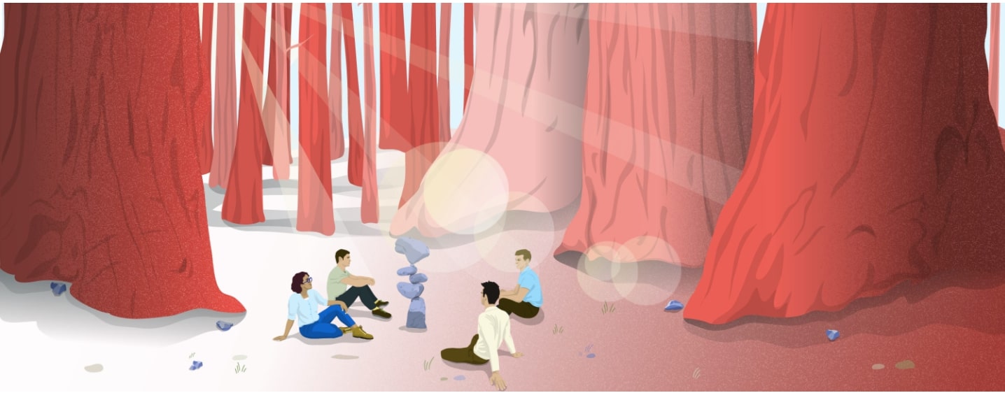 illustration of people in a forest campfire