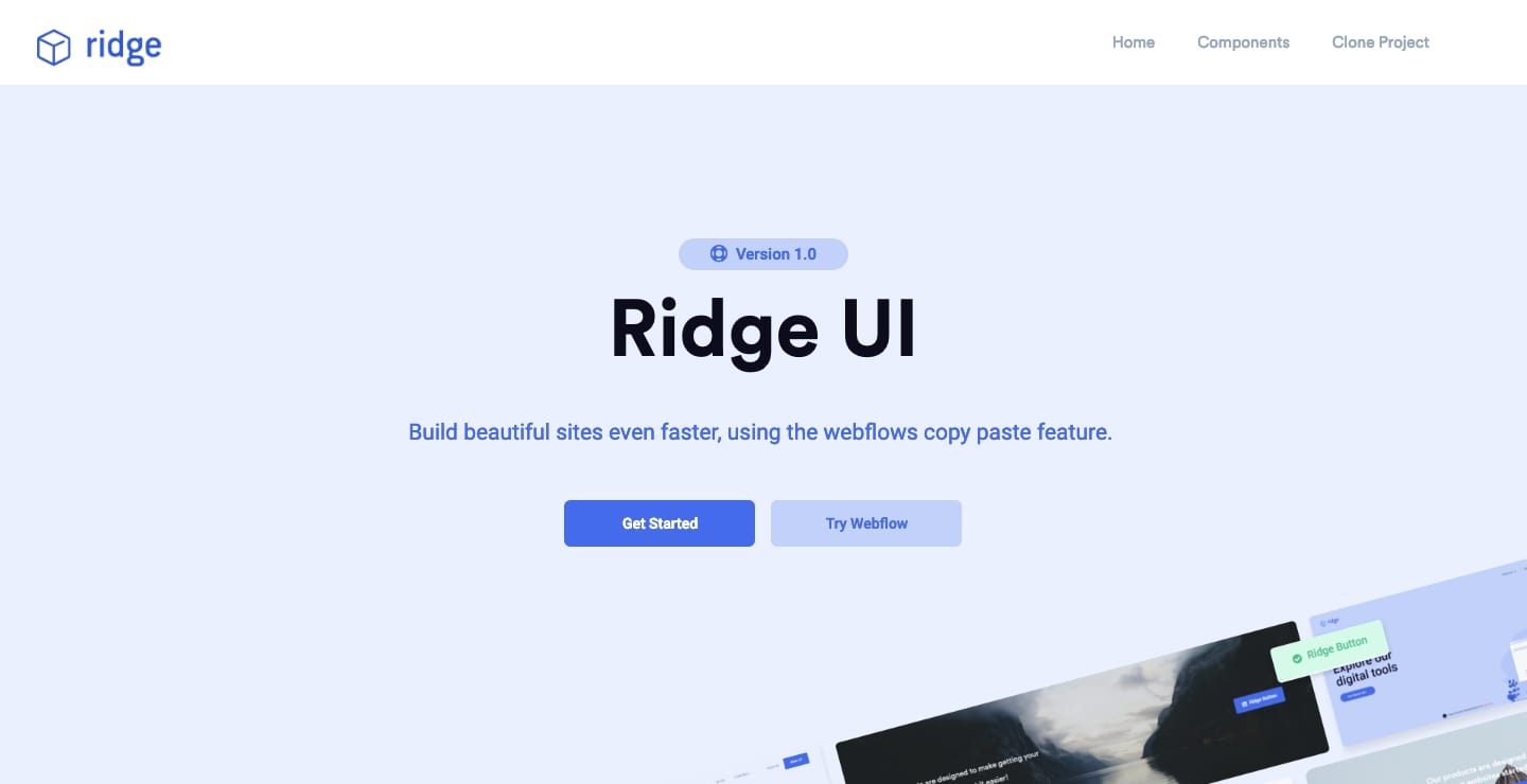 Ridge UI Webflow showcase page