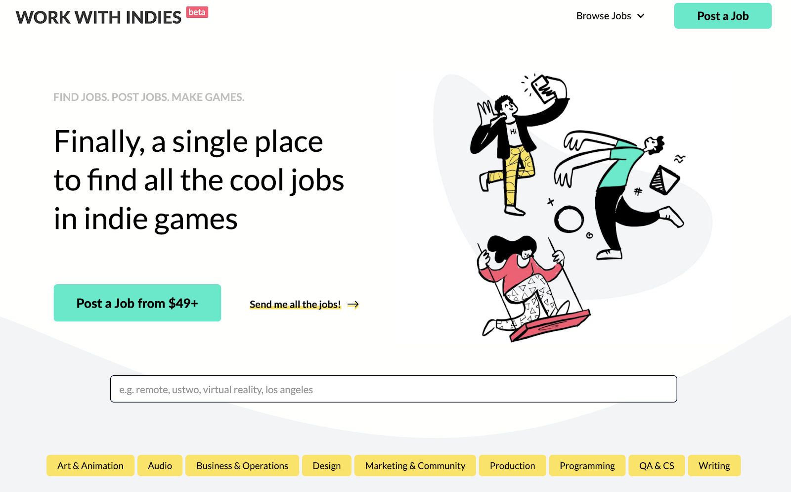 Screenshot of work with indies job board homepage