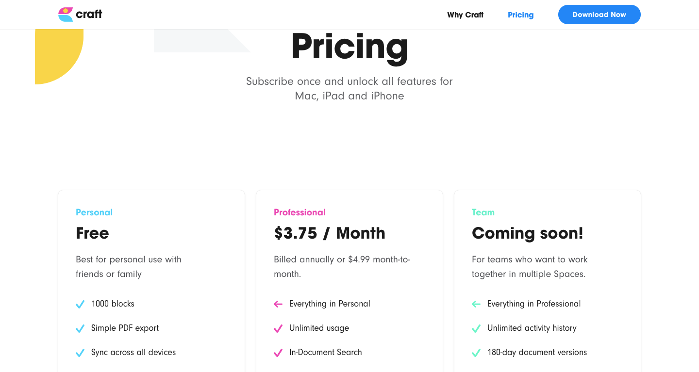 craft pricing page