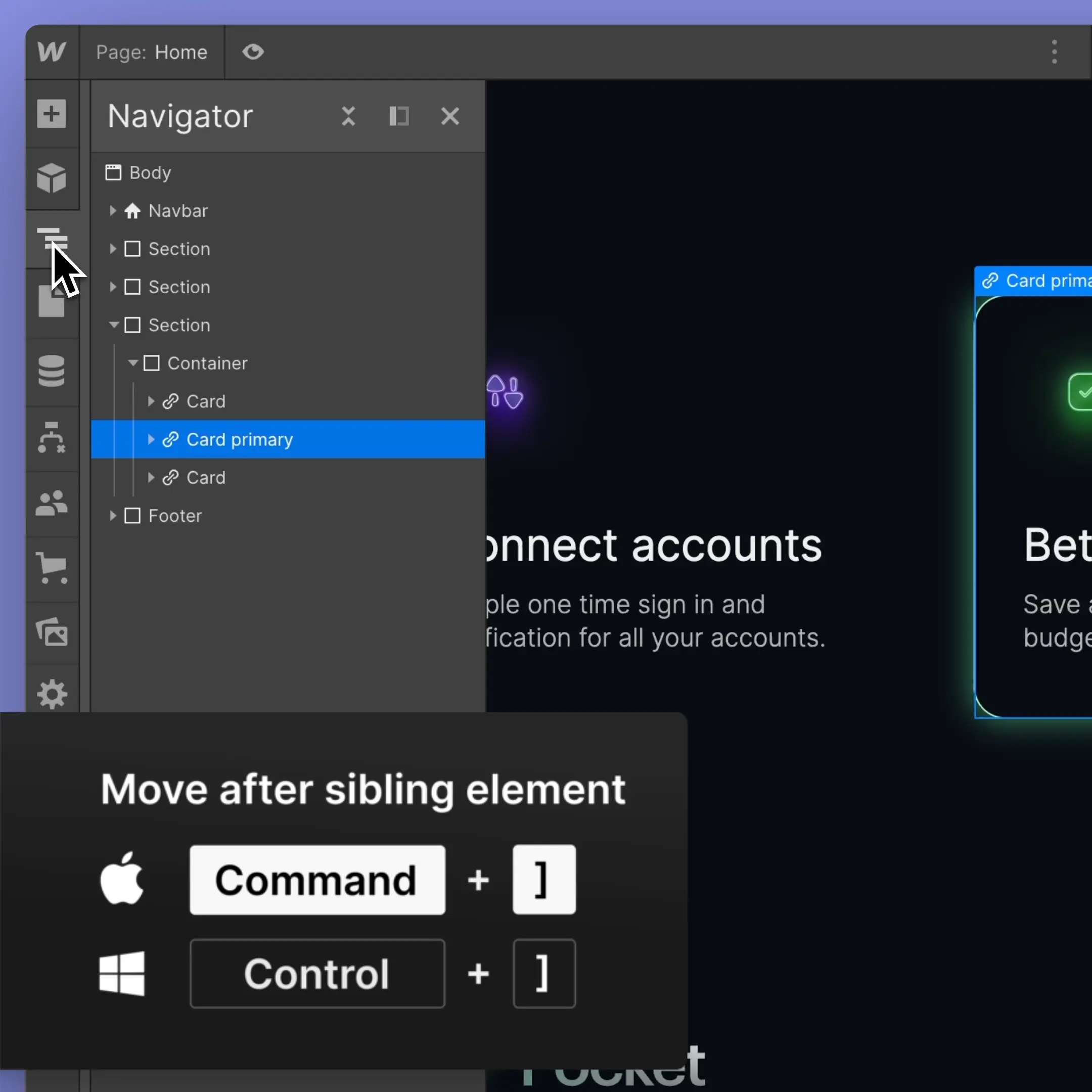 Introducing new keyboard shortcuts for moving elements | Webflow Features