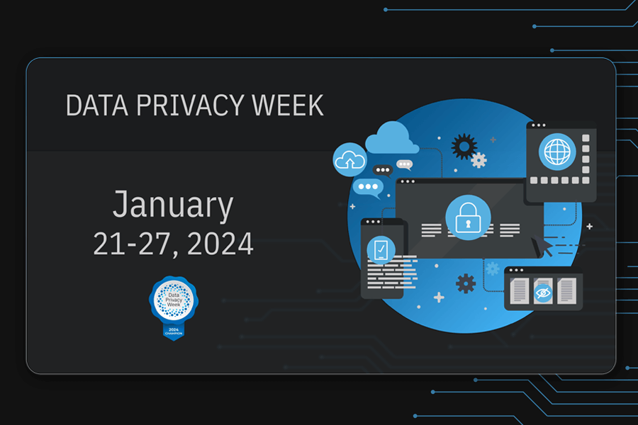 Computer Icons on Dark background with blue circuts and Data Privacy Week dates and logo