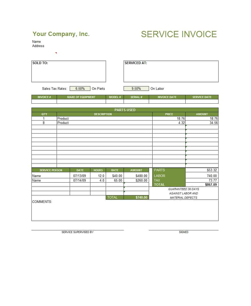 Service Invoice Template Sample
