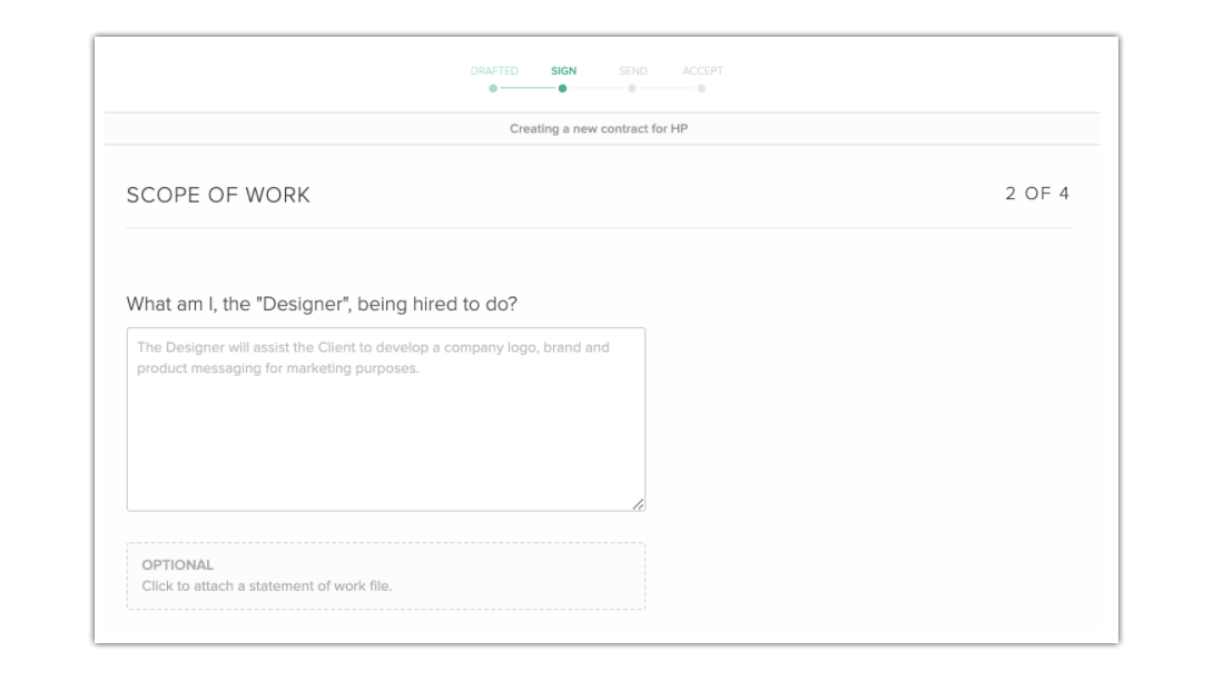 Scope of work section on Bonsai's online contract maker