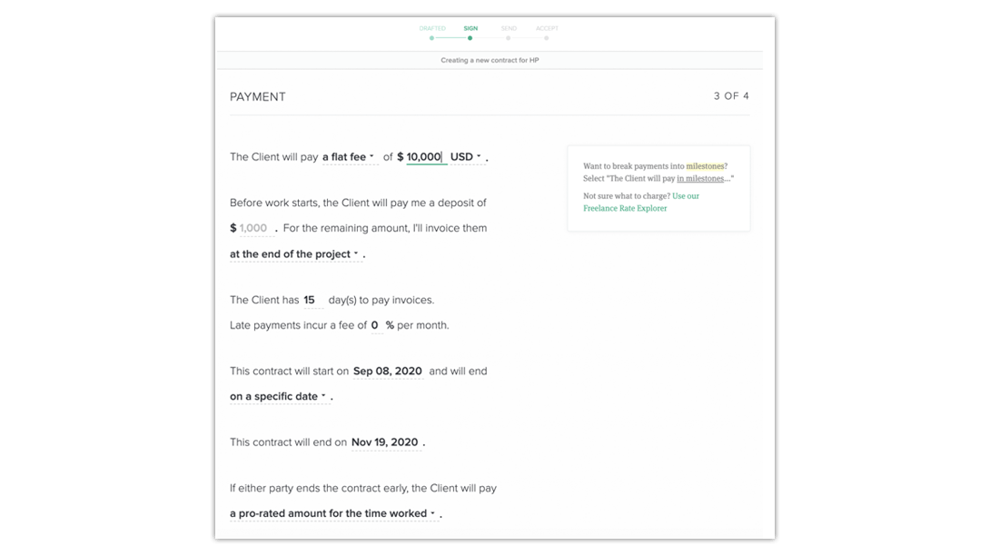 Payment details section of Bonsai's online contract maker