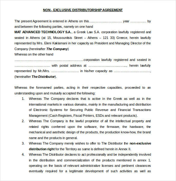 Distributor Agreement Template Sample