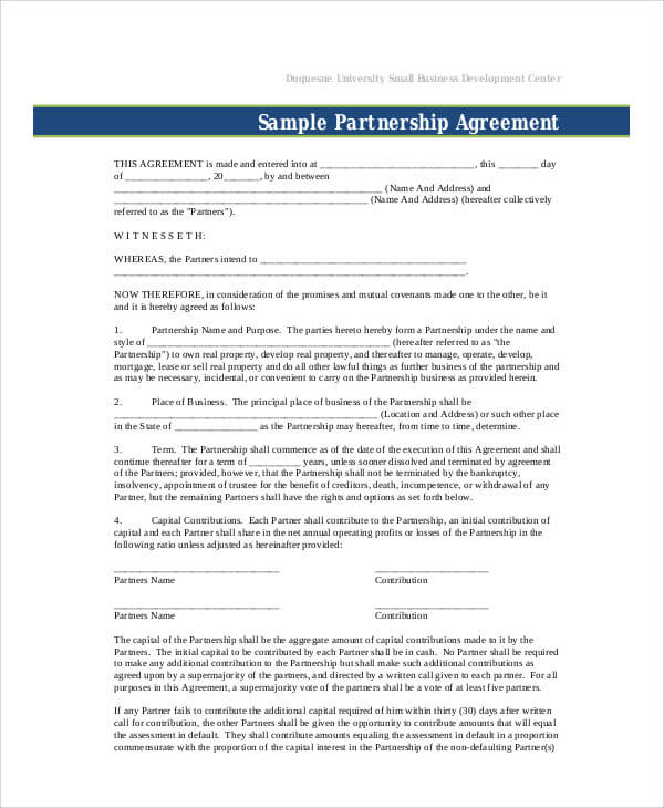 Small Business Partnership Agreement Template Example