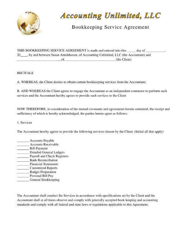Bookkeeping Service Agreement Template Example