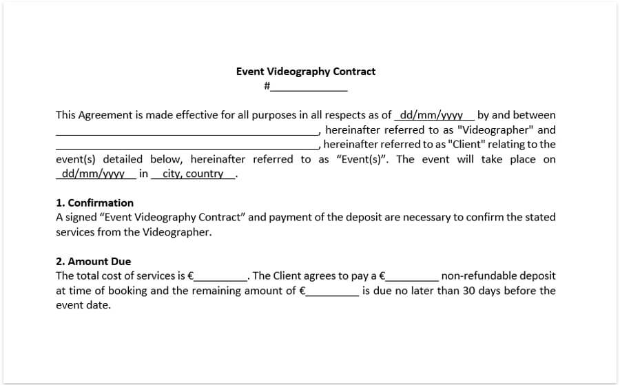 Wedding Videography Contract Template Sample