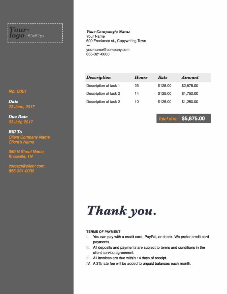 Freelance Writer Invoice Template Sample
