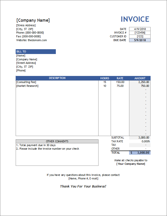 Hourly Rate Invoice Template Sample