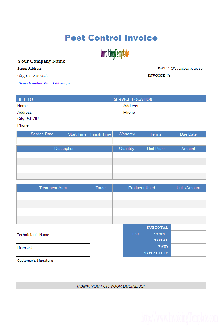 Pest Control Invoice Template Sample