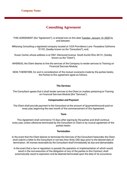 Consulting Agreement Letter Sample