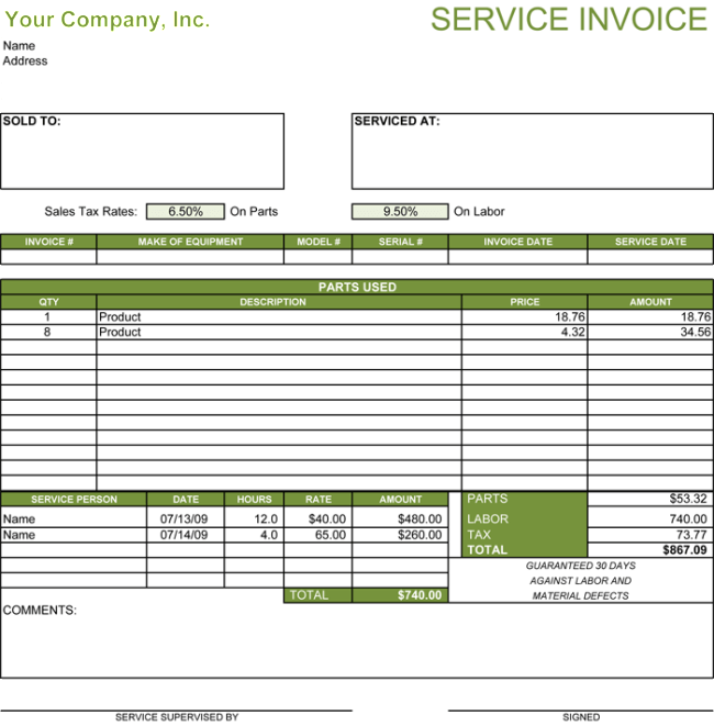 Service Invoice Template Example