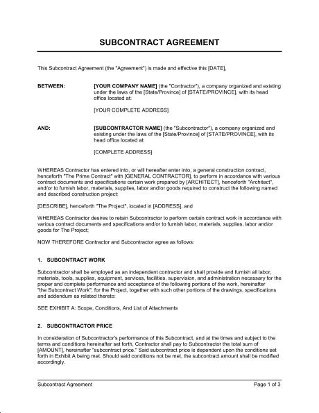 Subcontractor Contract Template Sample