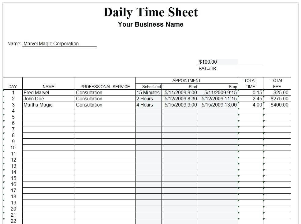 Daily Timesheet Template Sample