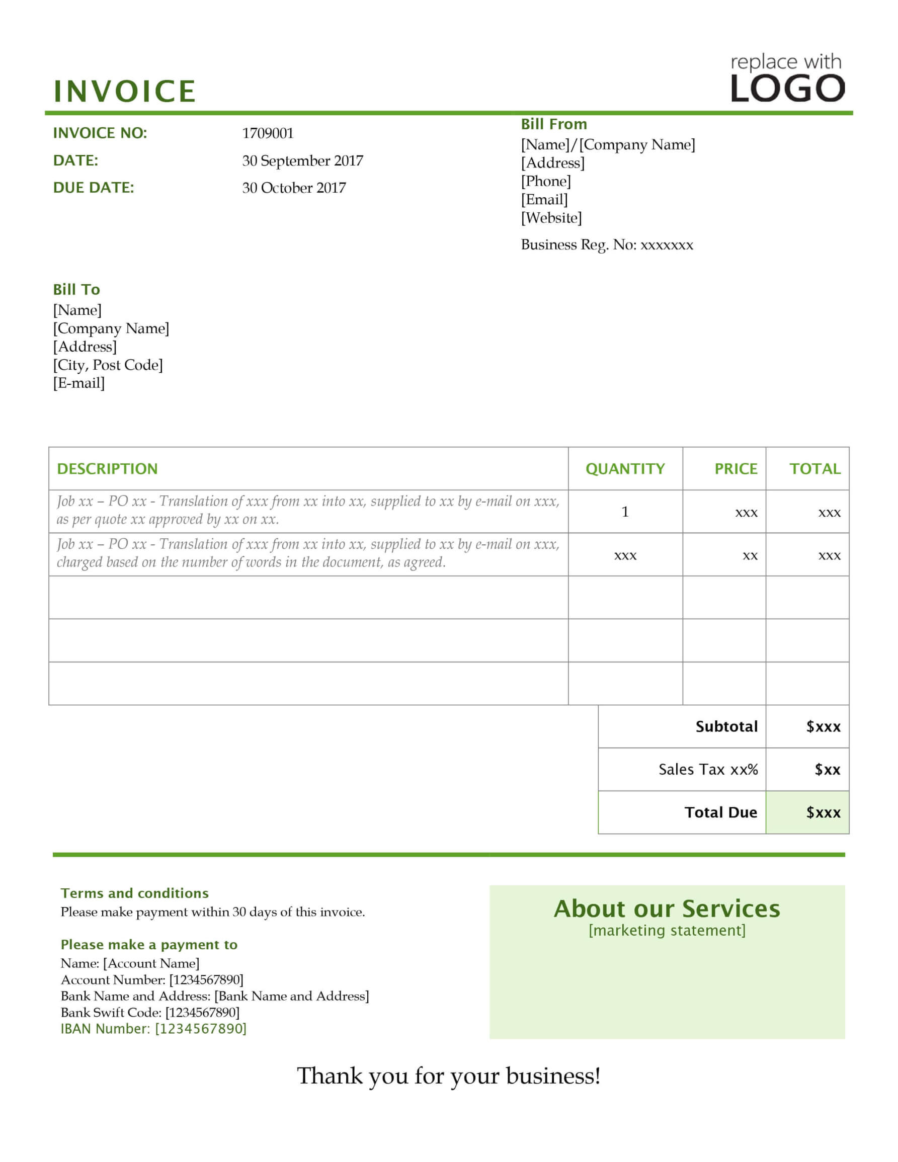 translation invoice template sample