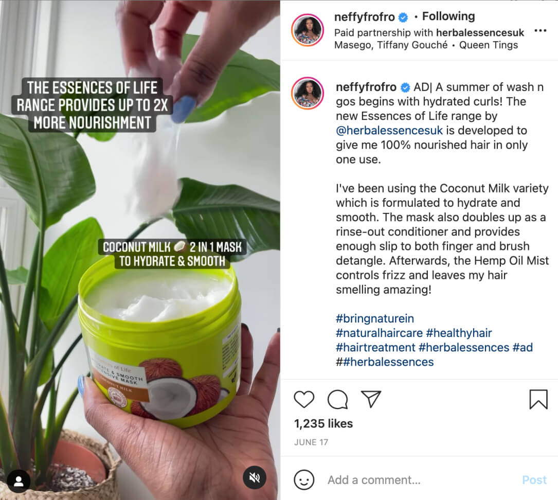 Instagram post of someone using a coconut milk mask