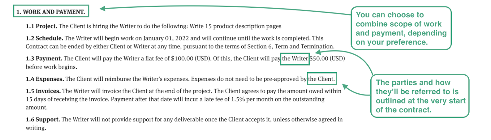 this image shows bonsai's work and payment section for the technical writer contract