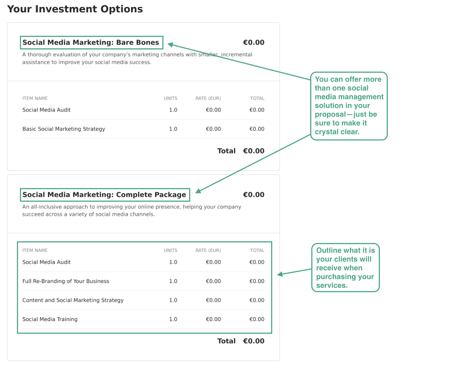 this image shows the payment terms included in a social media marketing proposal and how you can separate them into understandable sections