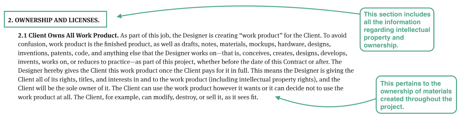 this image shows the ownership and licenses section of Bonsai's graphic design retainer contract