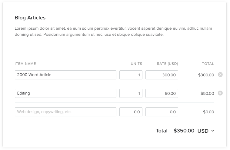 Example of a pricing table made using Bonsai’s creative proposal template