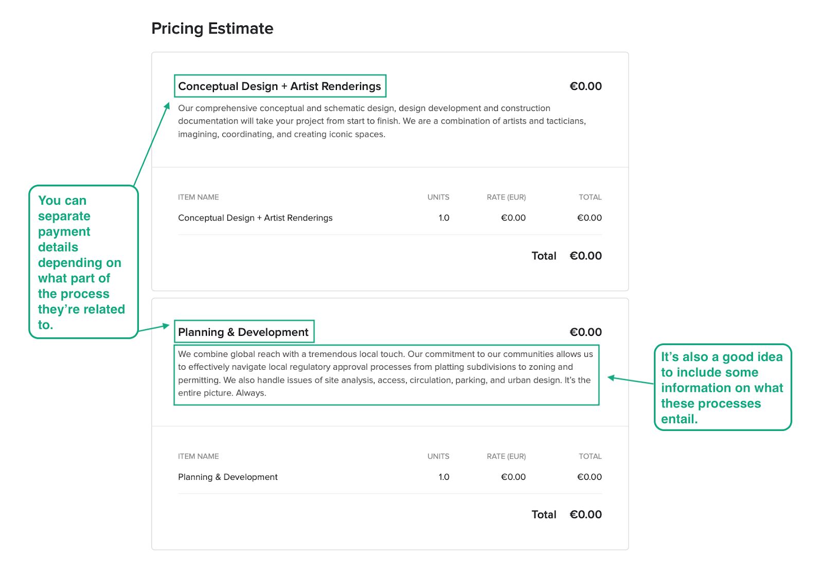 This image details the payment terms of the architecture project. Annotations talk about separating the payment information to ensure it's clear and clients understand what they're paying for.