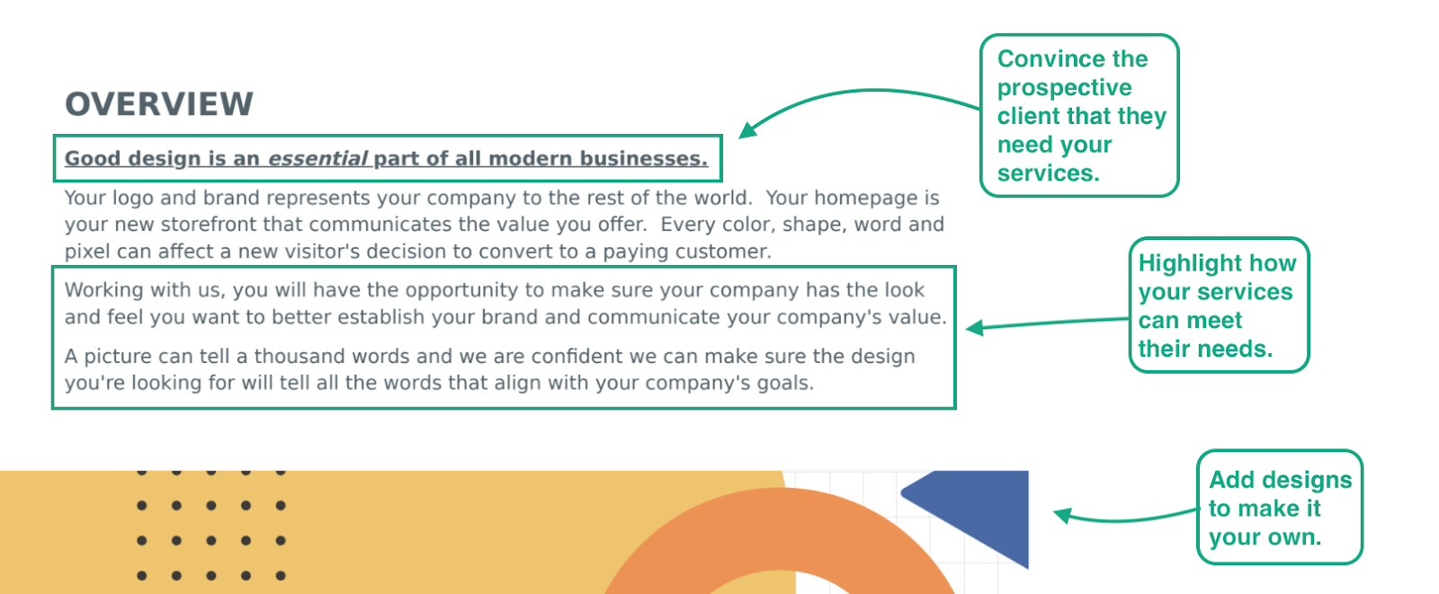 this picture shows Bonsai's graphic design proposal template with annotations regarding winning over the client and expressing your worth in the opening pages of your proposal