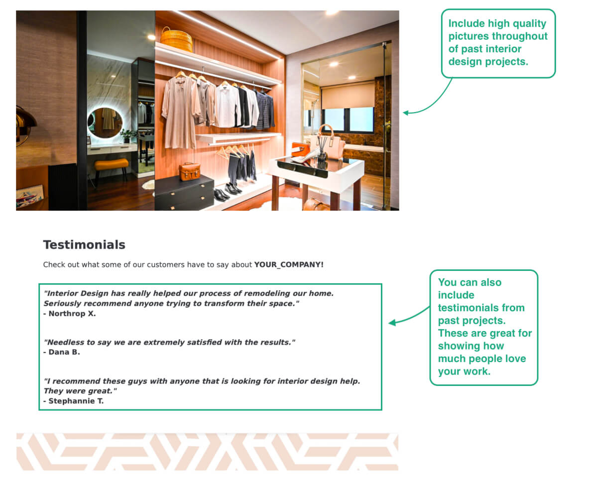 Testimonials from previous projects and an image of a walk in wardrobe from an interior design project