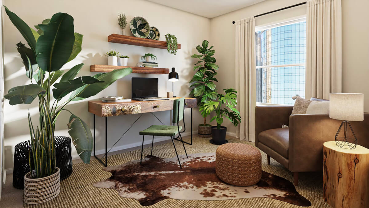 this image shows an office full of statement furniture and leafy plants that's been designed by an interior designer