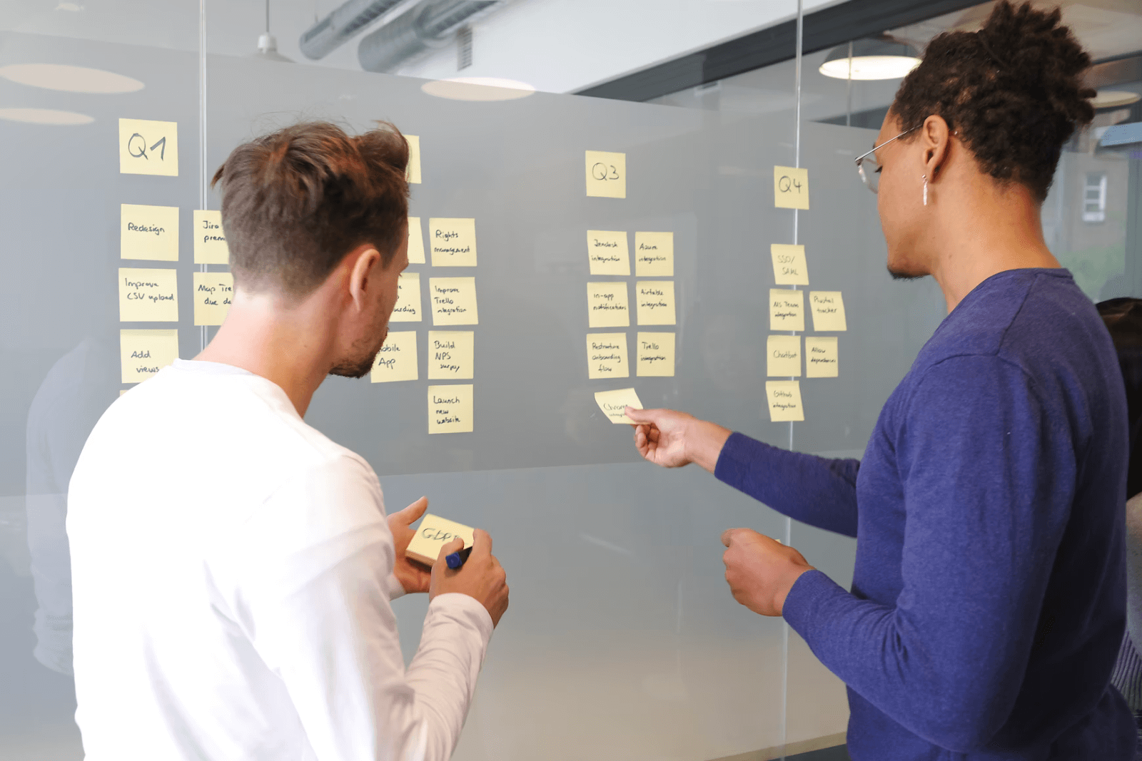 two persons setting quarterly goals using sticky notes