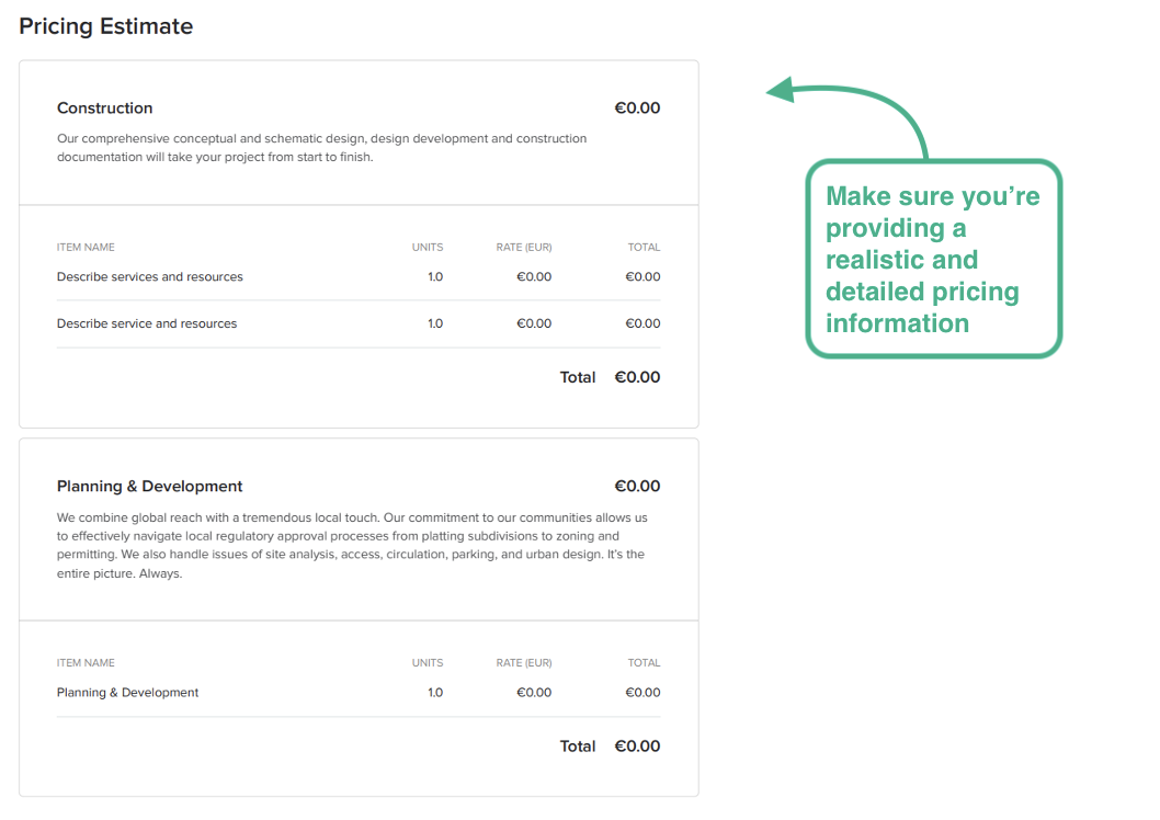 detailed pricing information of a contractor proposal