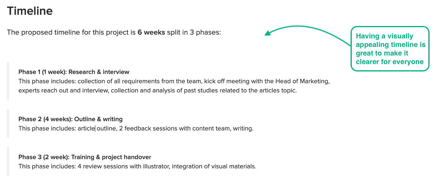 instructions on adding a timeline to a content writing proposal