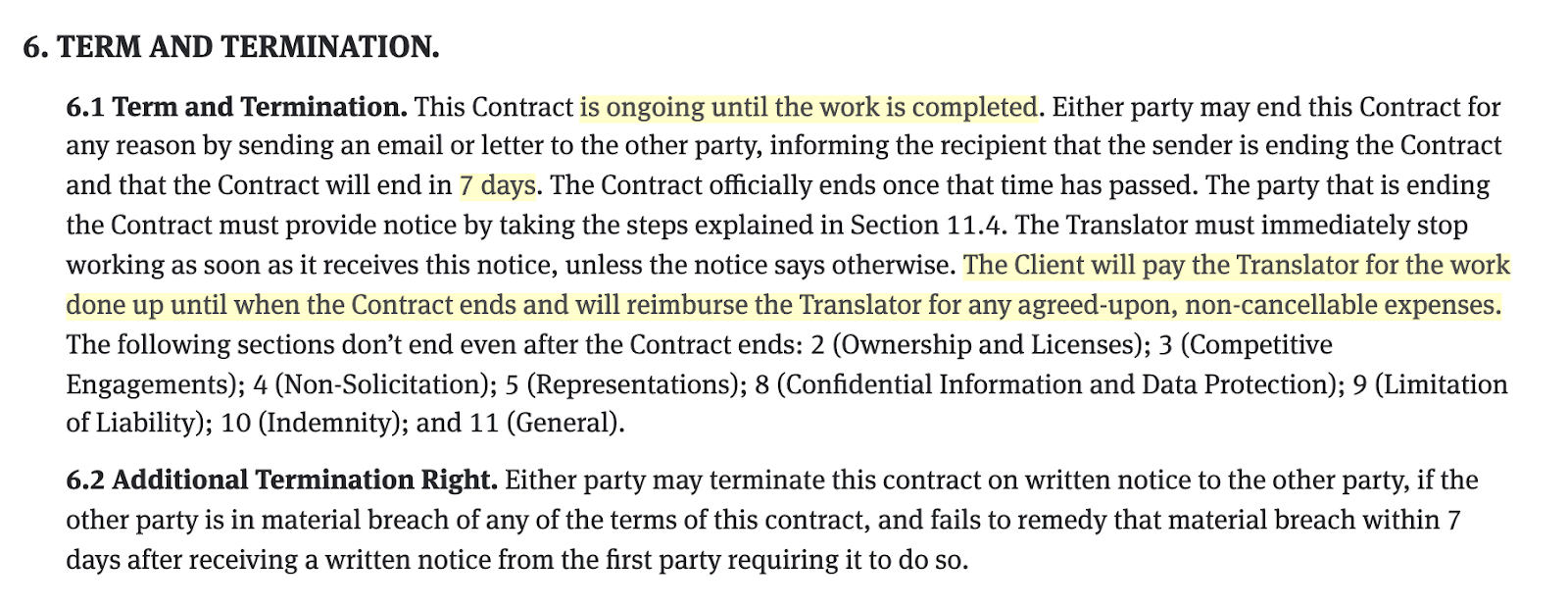 term and termination clause included in a translation contract