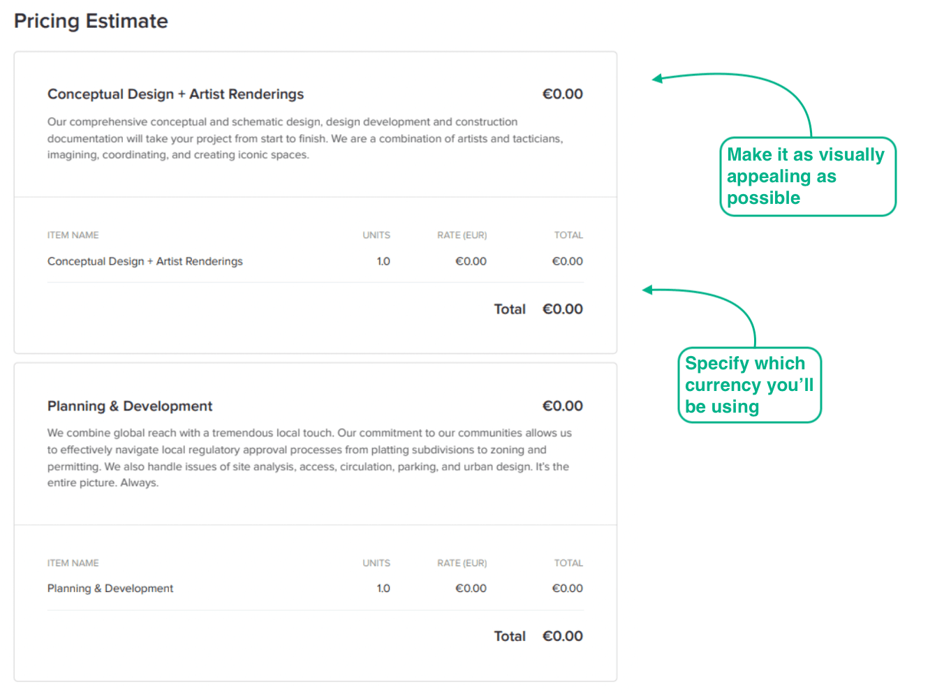 tips on adding a pricing estimate of an architectural brief