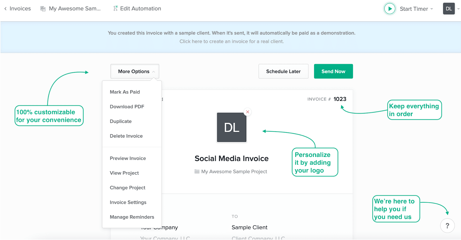use Bonsai in creating your social media invoice