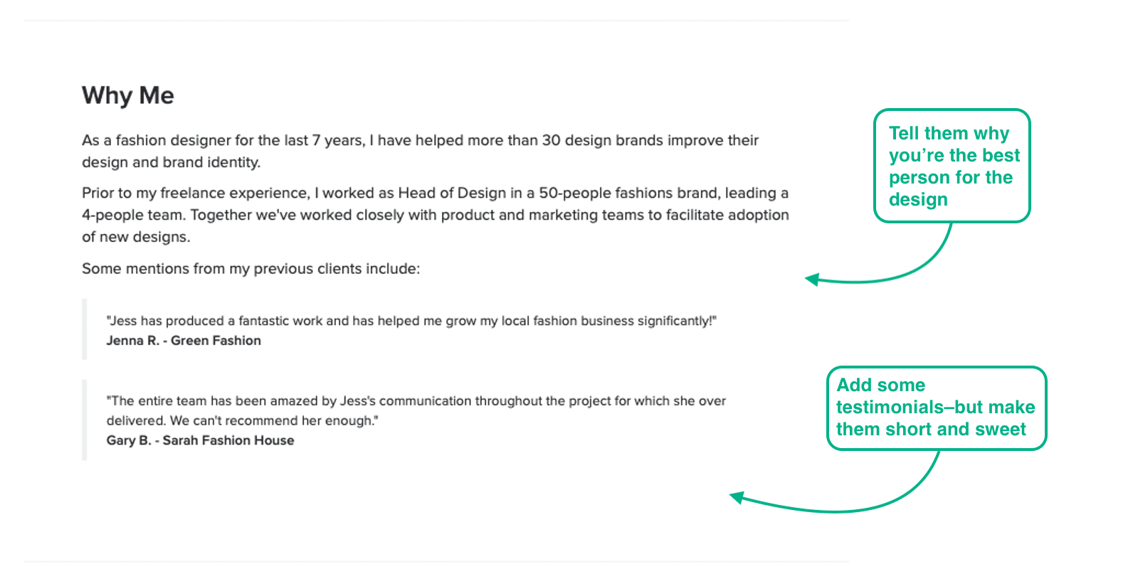 Experience section on a fashion design brief